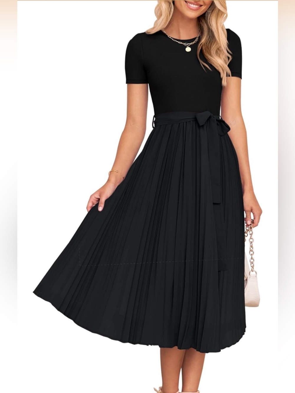 NWT Zesika Classic Short Sleeve Black Pleated Midi Dress with Tie Waist, Medium
